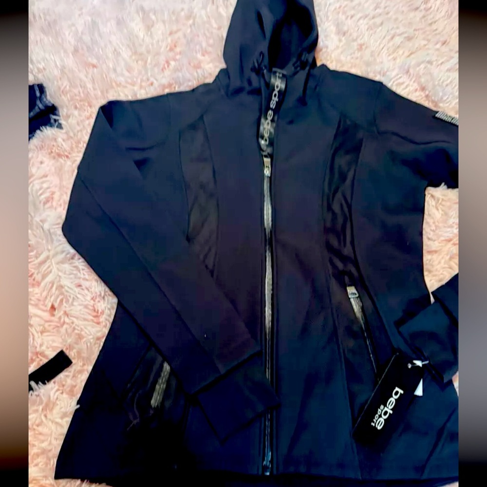 bebe Sport Women Hooded Jacket Fleece Lined Full Zip, Pockets Black Bling Sz M